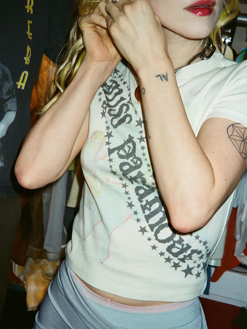 "Miss Paramour" たすき掛けデザインミニTシャツ